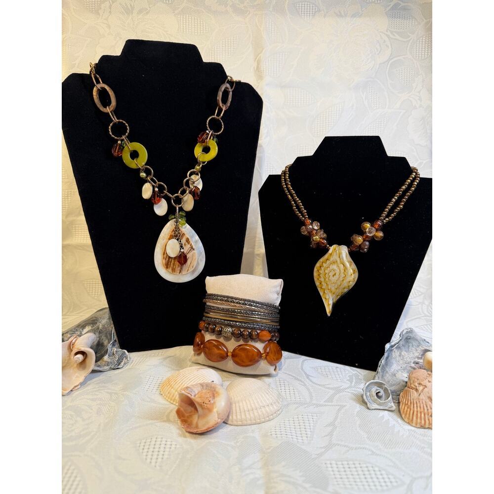Earthy Statement Jewelry Set | Shell Pendant + Beaded Necklaces + Bracelets